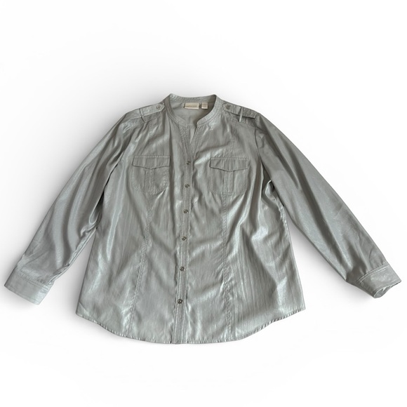 Chico's Tops - Chicos Gray Silver Shimmer Button Down Long Sleeve Utility Blouse Women’s 2 (L)